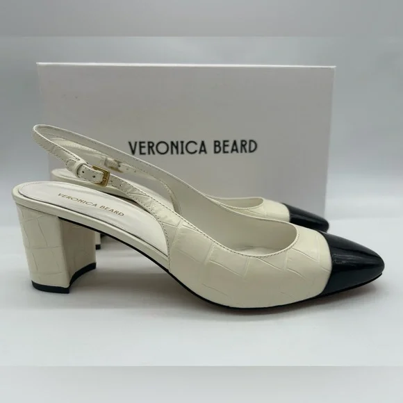 Veronica Beard Cecile Slingback Pumps Ivory Croc Leather Black Cap Toe Size 9M - Picture 14 of 14